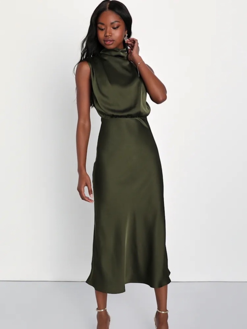 Lulus olive green satin midi dress